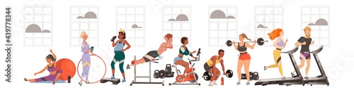 People Characters Doing Sport and Physical Exercise at Gym Training Body and Muscle Vector Illustration