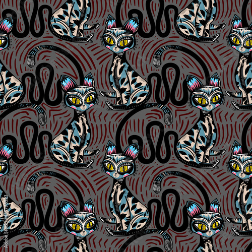 Wallpaper Mural Rhythmic exotic artistic folk boho contemporary style tropical cat seamless pattern. Modern kitty animal background. Torontodigital.ca