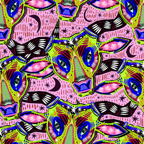 Folk rustic Hygge flash style bull or ox head seamless pattern. Retro aesthetic background for Taurus sign of zodiac.