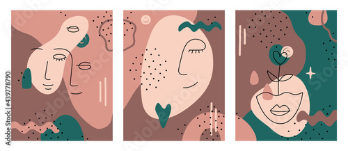 Set of female art posters. Vector Abstract minimalistic face.  Printable modern wall art. Trendy woman portrait in natural colors. Art background with different shapes and spots. Line drawing.  