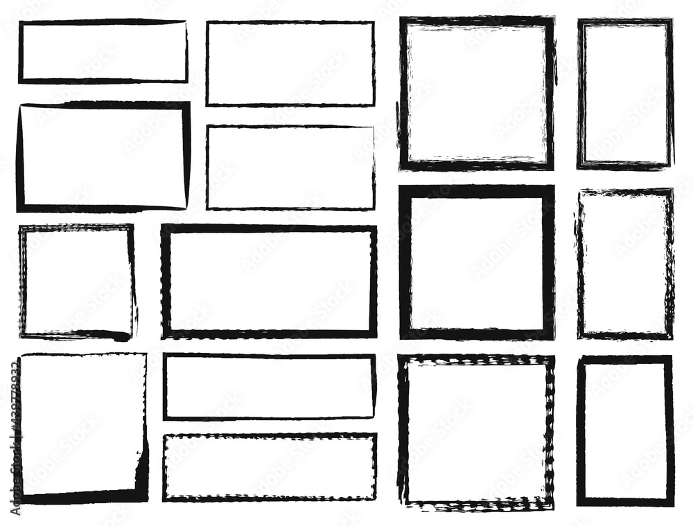 Grunge frames. Textured square and rectangle borders. Dirty grungy black photo frame texture, rough ink brush stroke border vector set. Empty template elements for picture collection Grunge frames. Textured square and rectangle borders. Dirty grungy black photo frame texture, rough ink brush stroke border vector set. Empty template elements for picture collection