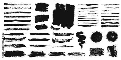 Brush strokes. Grunge paint stroke, ink lines, chalk texture. Black paintbrush frames. Rough brushstroke painting element vector set. Dirty dark graffiti stripes and abstract circles