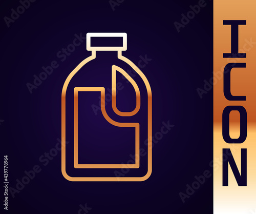 Gold line Plastic bottle for laundry detergent, bleach, dishwashing liquid or another cleaning agent icon isolated on black background. Vector