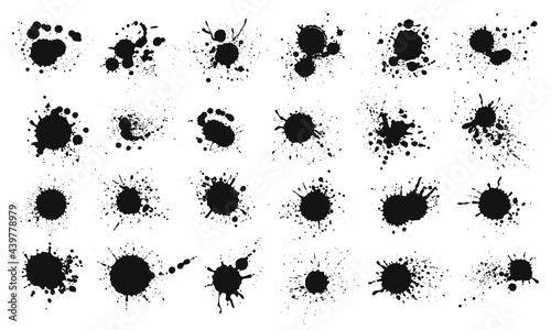 Ink splatter. Grunge liquid paint splashes and stains. Black ink blots, stains, blobs, drops. Abstract messy spatter texture vector set. Graffiti spots of different shape isolated on white