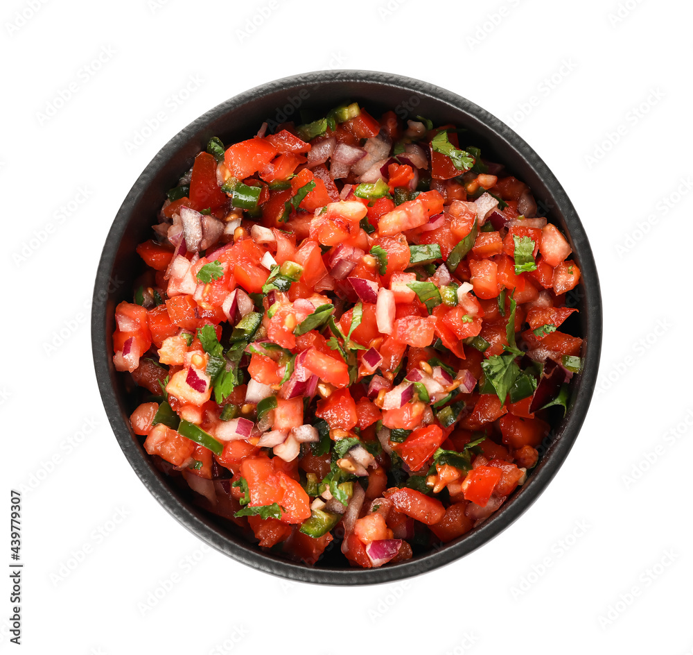 Bowl of tasty Pico de Gallo salsa on white background