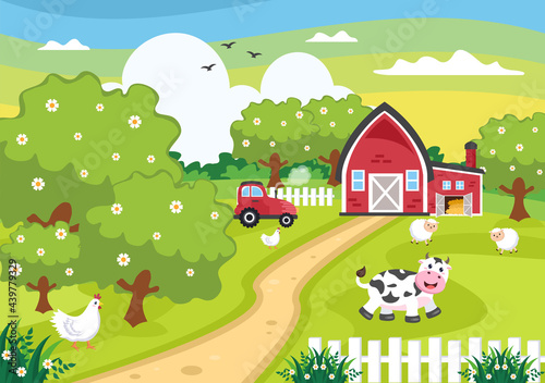 Cute Cartoon Farm Animals Vector Illustration With Cow  Horse  Chicken  Duck  or Sheep. For Postcard  Background  Wallpaper  and Poster