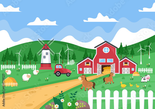 Fototapeta Naklejka Na Ścianę i Meble -  Cute Cartoon Farm Animals Vector Illustration With Cow, Horse, Chicken, Duck, or Sheep. For Postcard, Background, Wallpaper, and Poster