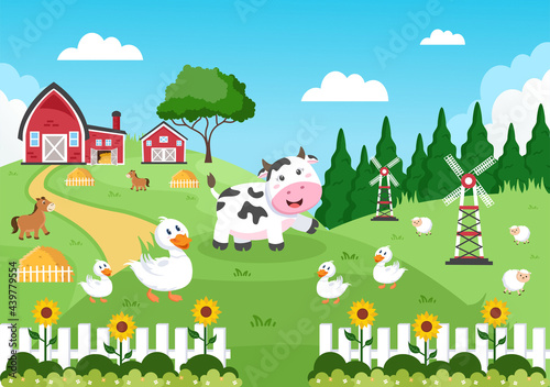 Cute Cartoon Farm Animals Vector Illustration With Cow, Horse, Chicken, Duck, or Sheep. For Postcard, Background, Wallpaper, and Poster