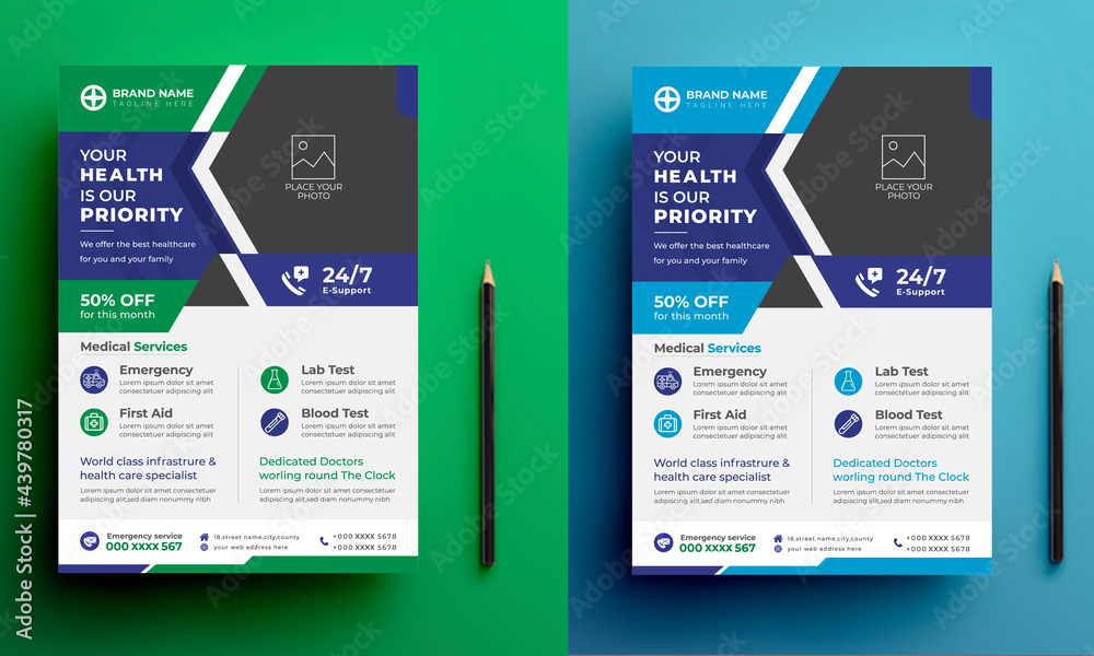 Naklejka premium Green and Blue Medical Healthcare Flyer Template, Poster, Brochure Layout.COVID-19 Coronavirus Campaign Flyer & Poster Design
