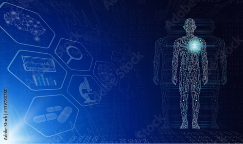 abstract background technology concept in blue light,brain and human body heal ,technology modern medical science in future and global international medical with tests analysis clone DNA human
