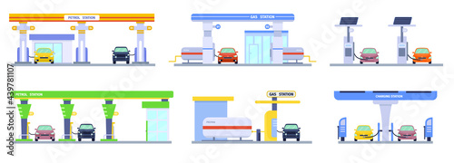 Petrol Gas Carging station set. Set of elements for construction of urban landscapes. Vector flat illustration