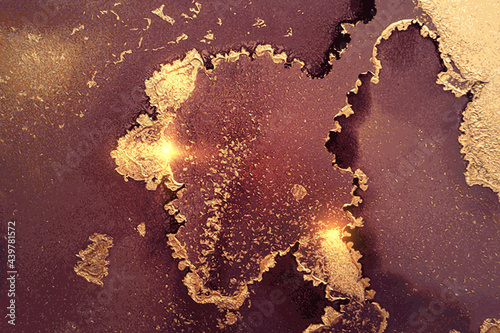 Vinatge abstract burgundy, maroon and gold marble texture with sparkles. Vector background in alcohol ink technique with glitter. Template for banner, poster design. Fluid art painting