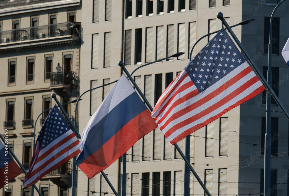 Russian and American flags adorn Mont-Blanc bridge for Russian-American summit in Geneva, Switzerland