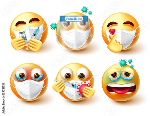 Wallpaper Mural Covid-19 smileys vector set. Emoji 3d characters in safe and sick expression with face mask, vaccine and shield element for coronavirus protection avatar collection design. Vector illustration
 Torontodigital.ca