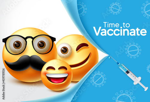 Smiley characters vaccine vector banner design. Time to vaccinate text with family 3d emoji character and syringe element for covid-19 vaccination and prevention design. Vector illustration
