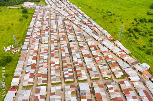 ramshackle shacks in a poor area taken from above by a drone