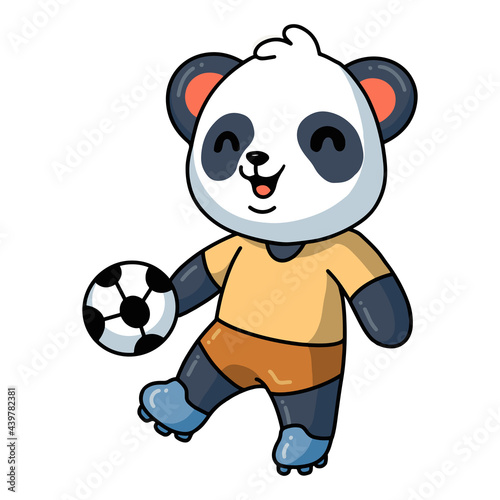 Cute little panda cartoon playing soccer ball