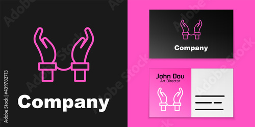Pink line Handcuffs on hands of criminal man icon isolated on black background. Arrested man in handcuffs. A crime, arrest, business and corruption concept. Logo design template element. Vector