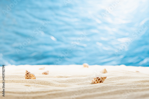 Summer sunny tropical beach with white sand, sun glares in water, seashells, sea view, nobody. Empty landscape for presentation.