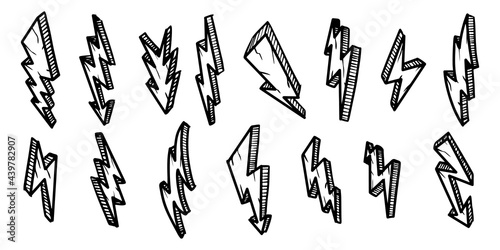 set of hand drawn electric lightning bolt symbol sketch illustrations. thunder symbol doodle icon .design element isolated on white background. vector illustration.