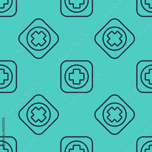 Black line Hospital signboard icon isolated seamless pattern on green background. Vector