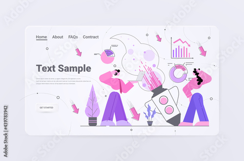shocked businesspeople near falling down rocket company startup failure unsuccessful launch failed project concept horizontal full length copy space vector illustration