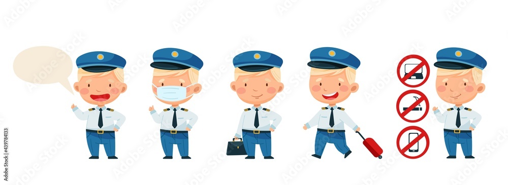 Fototapeta premium Set of characters pilot and safety rules. Isolated on a white background. Suitcase, face mask. Vector illustration
