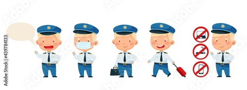 Set of characters pilot and safety rules. Isolated on a white background. Suitcase, face mask. Vector illustration