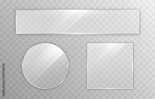 Set of vector glass. Transparency effect, window, mirror. Reflection, glare. PNG glass. PNG window. Glass frame, glass surface.