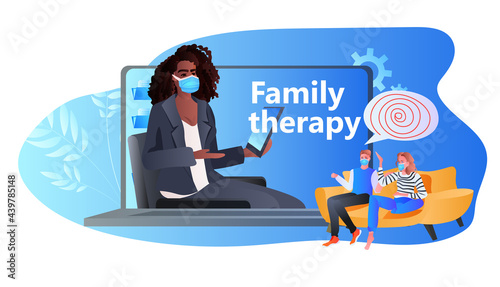 psychologist in mask dealing with problems in family relationships solving psychological problem online session