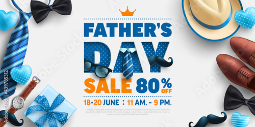 Father's Day Sale poster or banner template with Men Hat,Necktie and gift box on blue.Greetings and presents for Father's Day in flat lay styling.Promotion and shopping template for love dad concept