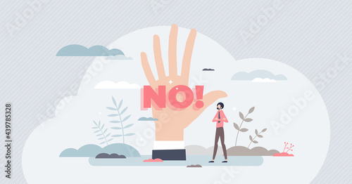 Saying no with rejection on hand as opinion expression tiny person concept. Negative feedback and stop gesture as decision with reaction vector illustration. Protest gesture and disagree communication