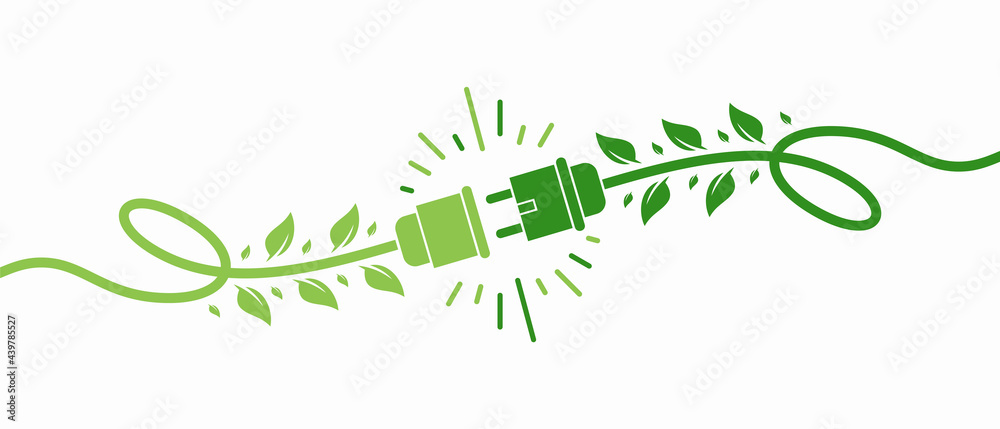 Green energy electricity, electric plug icon sign with cable and leaf vector Illustration