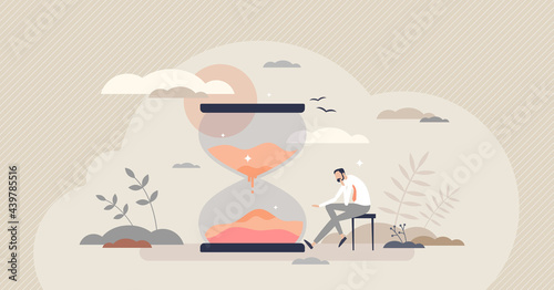 Patience and slow time feeling with boring sitting scene tiny person concept. Idle business or perseverance for waiting vector illustration. Slow hourglass countdown progress and lazy forever emotion.