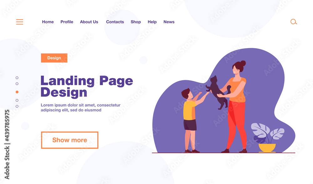Mom and son adopting pet. Mother giving cat to kid flat vector illustration. Animals care, pet adoption concept for banner, website design or landing web page Mom and son adopting pet. Mother giving cat to kid flat vector illustration. Animals care, pet adoption concept for banner, website design or landing web page