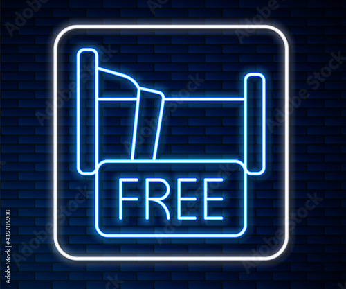 Glowing neon line Free overnight stay house icon isolated on brick wall background. Vector