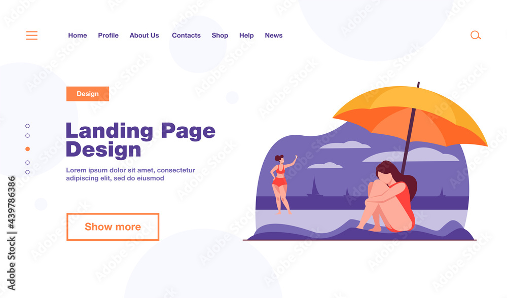 Depressed woman on sea beach. Sad girl sitting on sand under umbrella flat vector illustration. Major depression, vacation, loneliness concept for banner, website design or landing web page Depressed woman on sea beach. Sad girl sitting on sand under umbrella flat vector illustration. Major depression, vacation, loneliness concept for banner, website design or landing web page