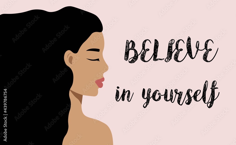 Side view of Caucasian beautiful woman with dark hair. Concept of gender equality and women empowerment. Horizontal banner illustration. Beautiful young female. Happy womens day 8 march.