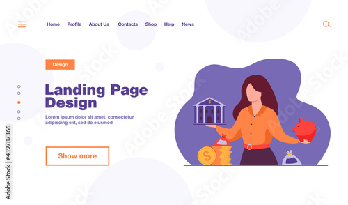 Woman choosing between bank and piggybank, choosing instrument for saving, planning budget or loan. Vector illustration for personal finance or economy concept