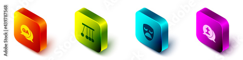 Set Isometric Question and Answer, Pendulum, Drama theatrical mask and Graves funeral sorrow icon. Vector