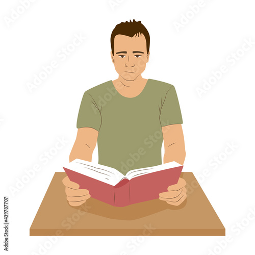 Man sitting at a desk and read book . Education and self-development hobby concept.
