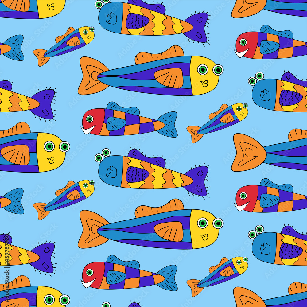 Fototapeta premium Colorful cartoon funny fish seamless pattern
