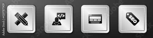 Set Crossed ruler and pencil, Front end development, UI or UX design and SEO optimization icon. Silver square button. Vector