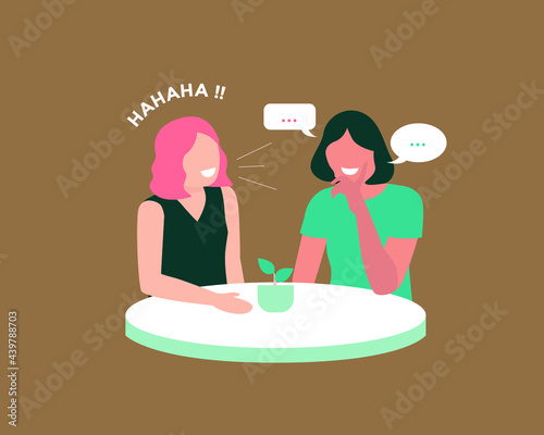 Best friend having conversation and laughing together on the round table, Two female telling stories to each other flat design vector concept