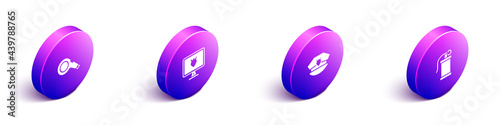 Set Isometric Whistle, Police database, cap with cockade and Hand smoke grenade icon. Vector