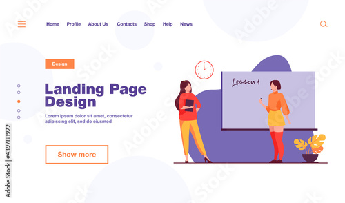 High school student standing at blackboard. Saying lesson, teacher, writing on chalkboard flat vector illustration. Class, education concept for banner, website design or landing web page