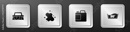 Set Brush for cleaning, Water spill, Bottle agent and Temperature wash icon. Silver square button. Vector