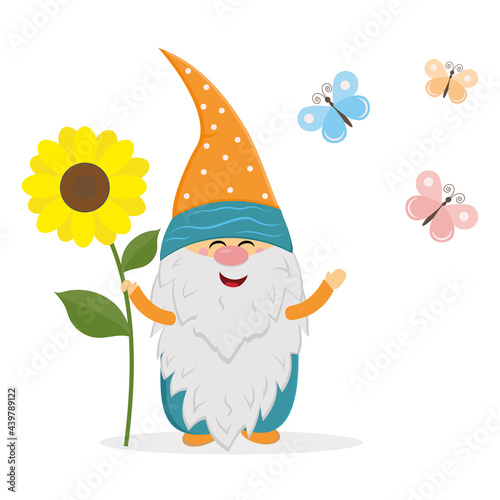 funny dwarf holding a large sunflower on a background of butterflies, vector isolated illustration in flat style