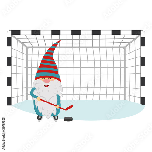a cheerful dwarf in winter plays hockey with a stick and a puck in the goal, vector isolated illustration