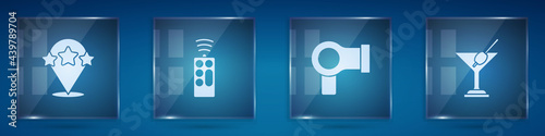 Set Five stars rating review, Remote control, Hair dryer and Martini glass. Square glass panels. Vector